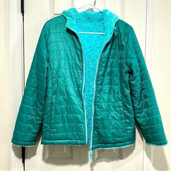 Eddie Bauer reversible puffer hooded jacket, youth girls Large size 14 - Picture 2 of 10